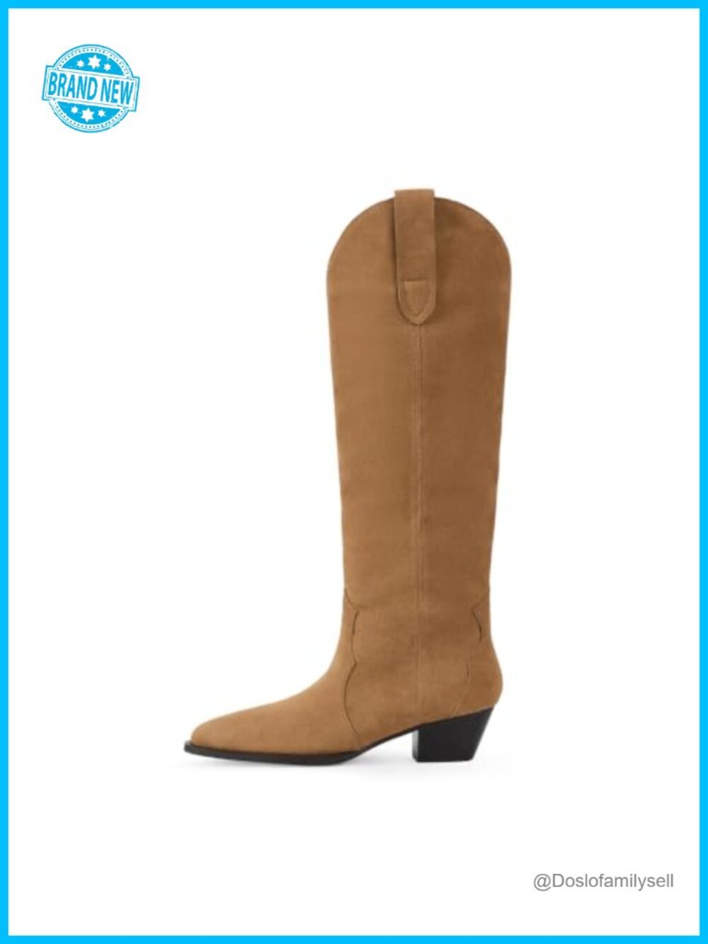 Suede Cowboy Boots Pointed Toe Knee High Chunky Heel Pull On